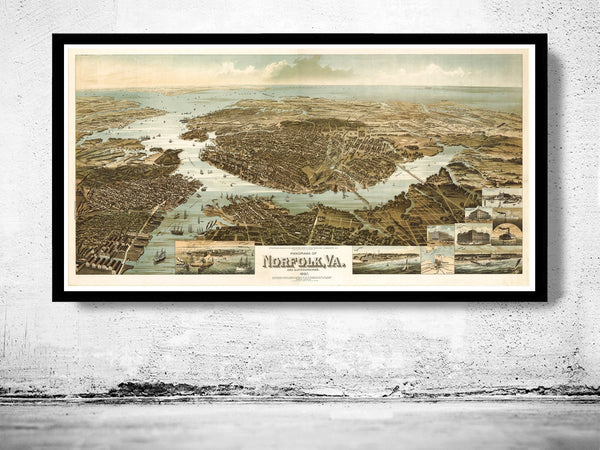 Old Map of Norfolk Virginia 1892 Panoramic View Vintage Map  | Vintage Poster Wall Art Print |