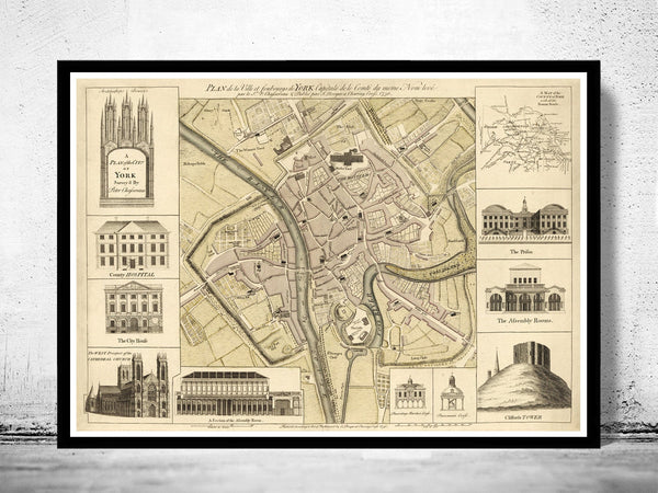 Old Map of York England 1750 United Kingdom Vintage Map | Vintage Poster Wall Art Print |