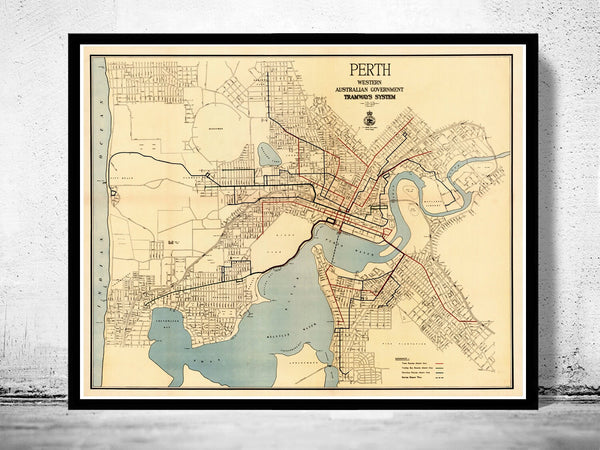 Vintage map of Perth, Australia  | Vintage Poster Wall Art Print |