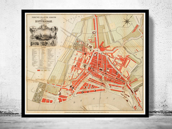 Old Map of Rotterdam Netherlands 1865 Vintage Map  | Vintage Poster Wall Art Print |