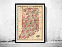 Old Map Indiana State 1864 United States of America  | Vintage Poster Wall Art Print |