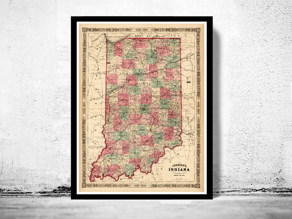 Old Map Indiana State 1864 United States of America  | Vintage Poster Wall Art Print |