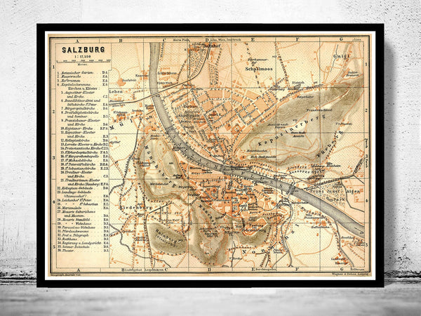 Old Map of Salzburg  Austria 1909  | Vintage Poster Wall Art Print |