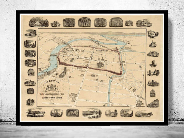 Old Map of Chester ancient City Gales UK