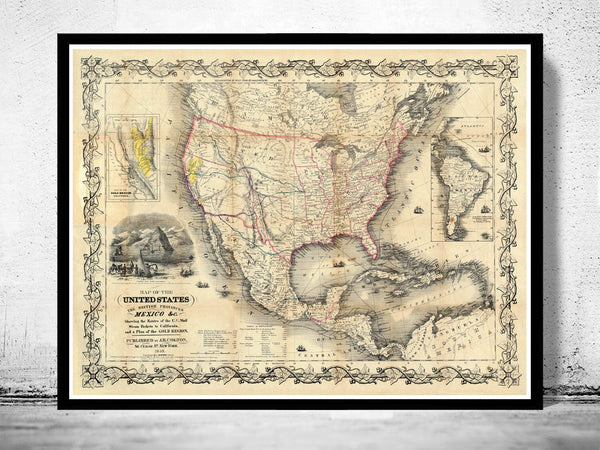 Old Map of United States America 1849  | Vintage Poster Wall Art Print |