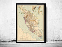 Old Map of Malay Peninsula Singapore 1898  | Vintage Poster Wall Art Print |