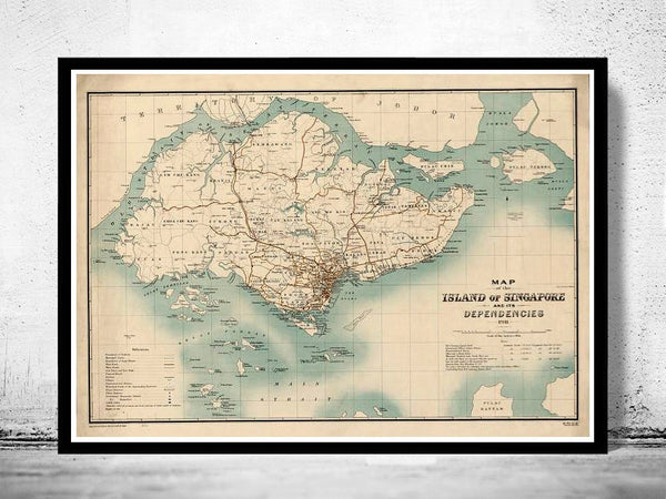 Old Map of Singapore Island 1911  | Vintage Poster Wall Art Print |