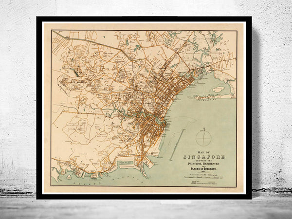 Old Map of Singapore 1913  | Vintage Poster Wall Art Print |