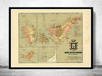 Old Map of Tenerife Canary Islands 1900  | Vintage Poster Wall Art Print |