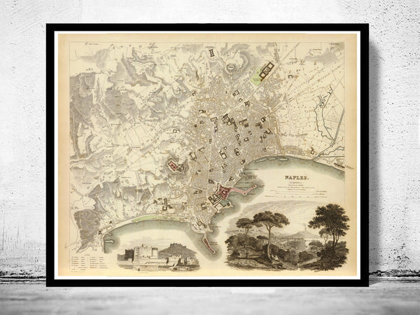 Old Map of Napoli Naples, City Plan Italia 1835 Antique Vintage Italy  | Vintage Poster Wall Art Print |