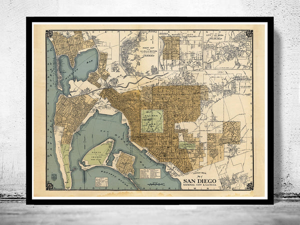 Old map San Diego California 1920  | Vintage Poster Wall Art Print |