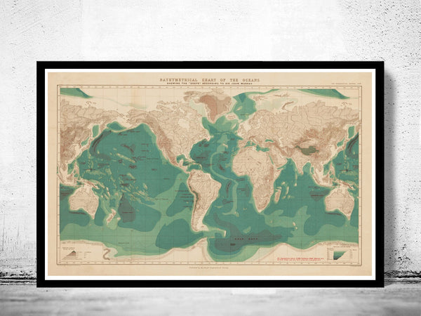 Bathymetrical chart of the oceans world map 1899  | Vintage Poster Wall Art Print | Vintage World Map