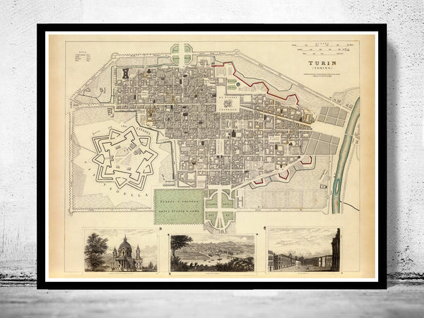 Old Map of Turin Torino 1833 Antique Vintage Italy  | Vintage Poster Wall Art Print |