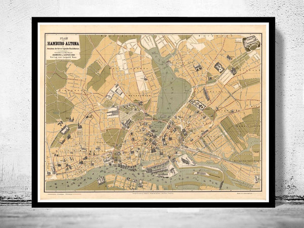 Old Map of Hamburg and Altona, Germany 1882  | Vintage Poster Wall Art Print |