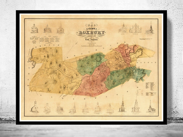 Old Map of Roxbury Boston 1849  | Vintage Poster Wall Art Print |