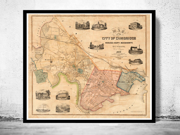 Old Map of Cambridge Massachusetts 1854 Vintage Map | Vintage Poster Wall Art Print |