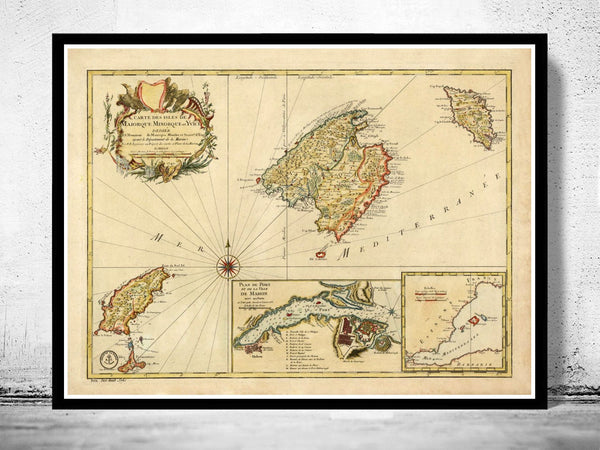 Old Map of mallorca maiorca spain 1756  | Vintage Poster Wall Art Print |