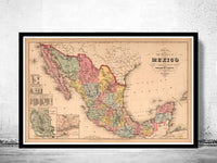 Old Map of Mexico 1859  | Vintage Poster Wall Art Print |