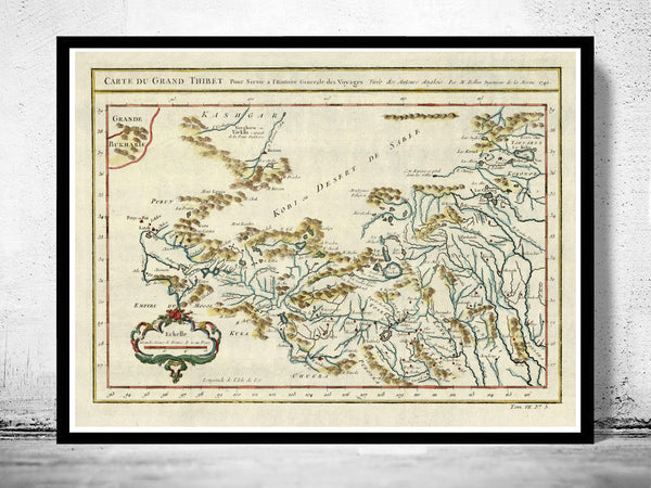 Old Map of Tibet 1747 China  | Vintage Poster Wall Art Print |