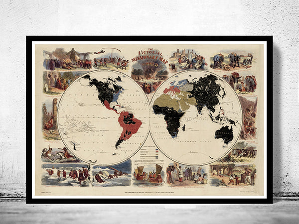 Old World Map pictorial missionary map of the world 1861  | Vintage Poster Wall Art Print | Vintage World Map