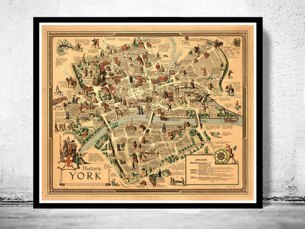 Old Map of York City United Kingdom History Map Vintage Map  | Vintage Poster Wall Art Print |