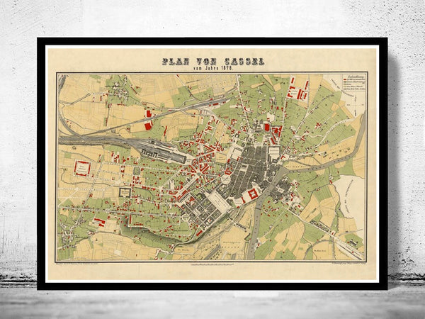 Old Map of Kassel Cassel Germany Deutshland 1878  | Vintage Poster Wall Art Print |