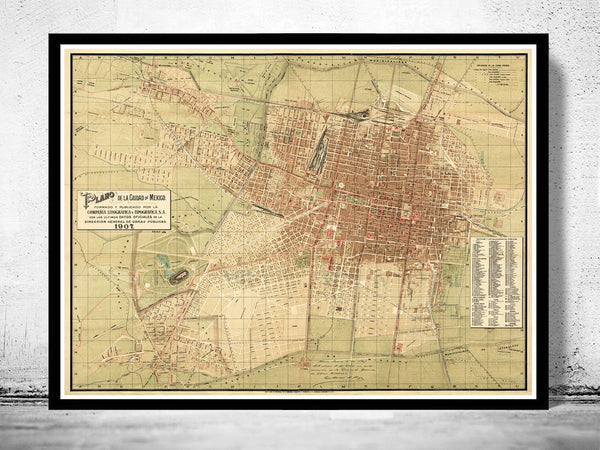 Old Map of Mexico City 1907 Vintage Map | Vintage Poster Wall Art Print |