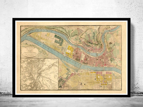 Old Map of Lyon  France 1821  | Vintage Poster Wall Art Print |