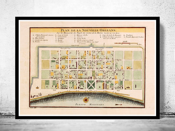 Old Map of New Orleans 1764 Vintage Map of New Orleans | Vintage Poster Wall Art Print |