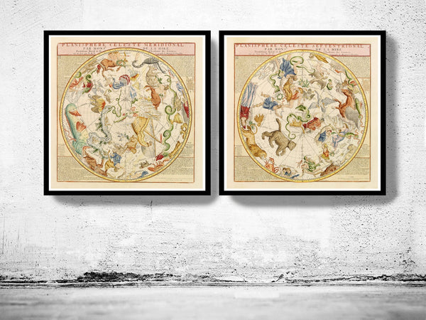 Old Planisphere celeste meridional and septentrional 1775  | Vintage Poster Wall Art Print |