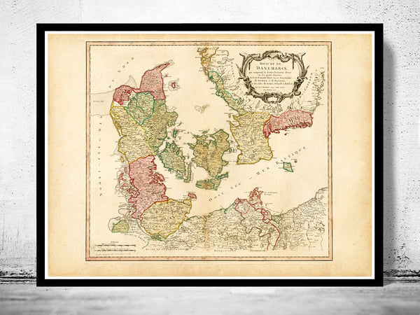 Old Map of Danmark, Denmark Danemark 1750  | Vintage Poster Wall Art Print |