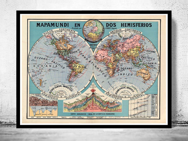 Vintage World Map 1929 Two Hemispheres  | Vintage Poster Wall Art Print | Vintage World Map