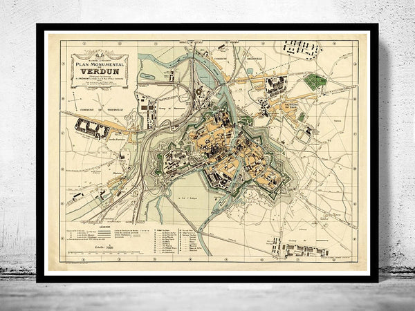 Old Map of Verdun France 1924  | Vintage Poster Wall Art Print |