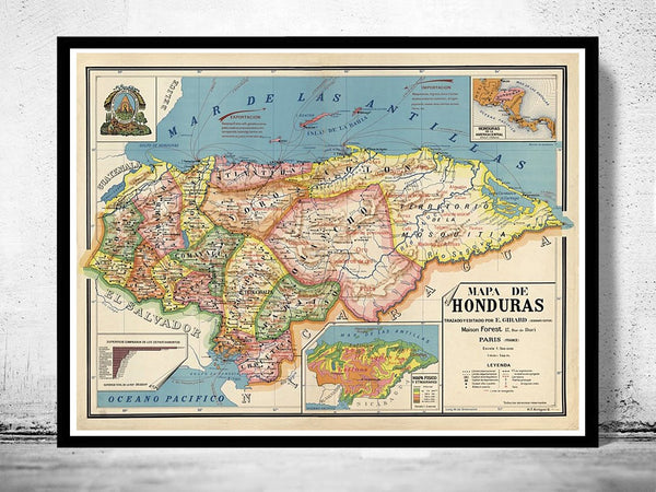 Old Map of Honduras 1929  | Vintage Poster Wall Art Print |