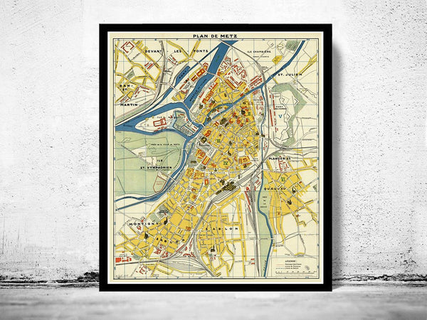 Old Map of Metz France 1936  | Vintage Poster Wall Art Print |