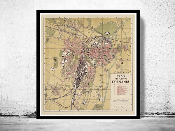 Old Map of Poznan Poland 1924  | Vintage Poster Wall Art Print |