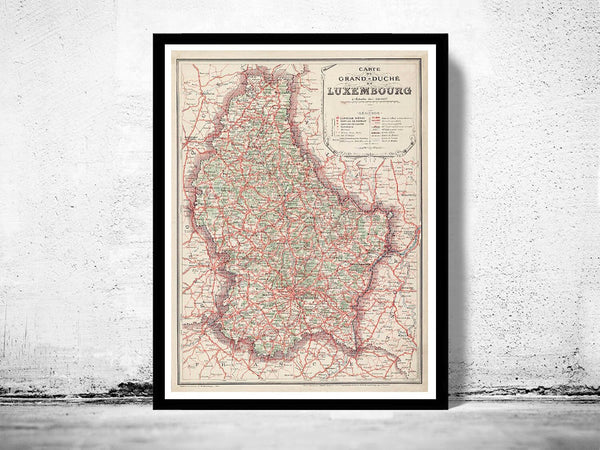 Old Map of Luxemburg Luxembourg 1929  | Vintage Poster Wall Art Print |