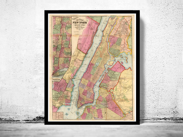 Old Map of New York and Manhattan Bronx Brooklyn 1874 Vintage Map  | Vintage Poster Wall Art Print |