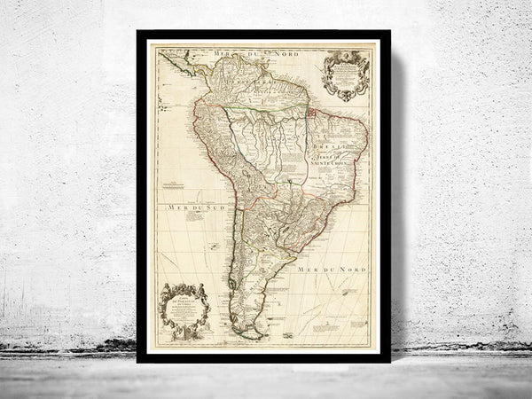 Old Map South America Brasil Venezuela Peru Argentina Chile 1708  | Vintage Poster Wall Art Print | Vintage World Map