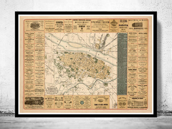 Old Map of Zaragoza Spain 1883 Vintage map  | Vintage Poster Wall Art Print |