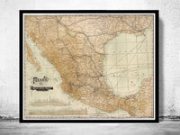 Old Map of Mexico 1910  | Vintage Poster Wall Art Print |