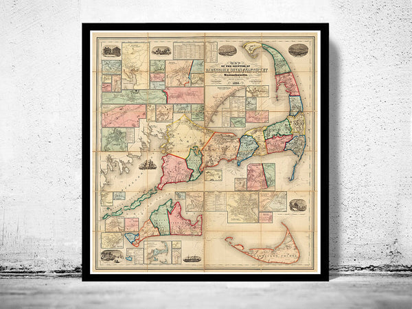 Vintage Cape Cod Map Massachusetts 1860 Old Map  | Vintage Poster Wall Art Print |