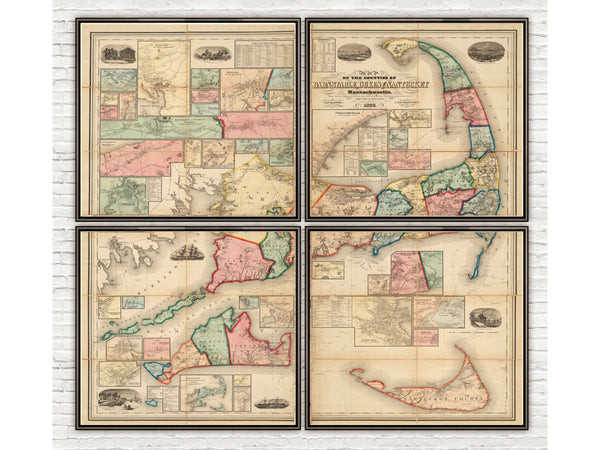 Old Map of Cape Cod 1860 Vintage Map Massachusetts (Four pieces)