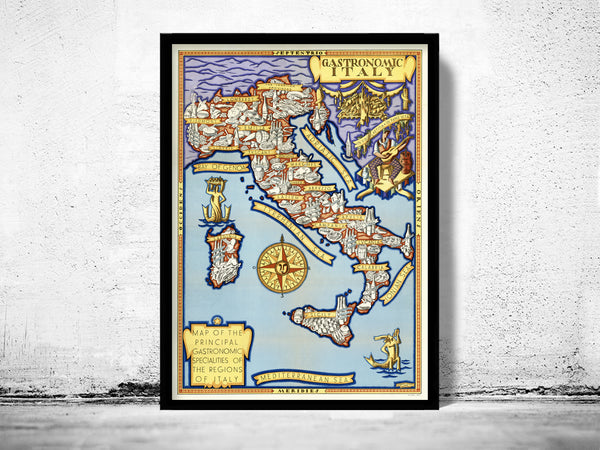 Old Map of Italy 1931 Gastronomy Map Pictorial Map Vintage Map | Vintage Poster Wall Art Print |