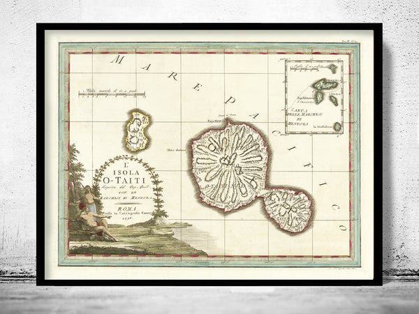 Old Map of Tahiti French Polynesia 1798 Vintage Map | Vintage Poster Wall Art Print |