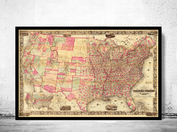 Old Map of United States America 1867 Vintage USA map  | Vintage Poster Wall Art Print |
